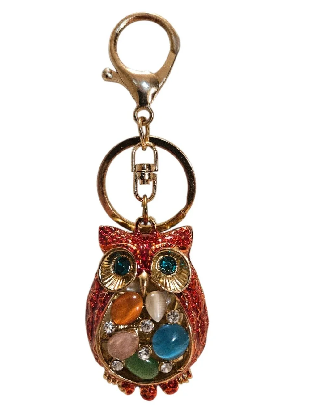 Red & Gold Tone Bejeweled Owl Purse Charm
